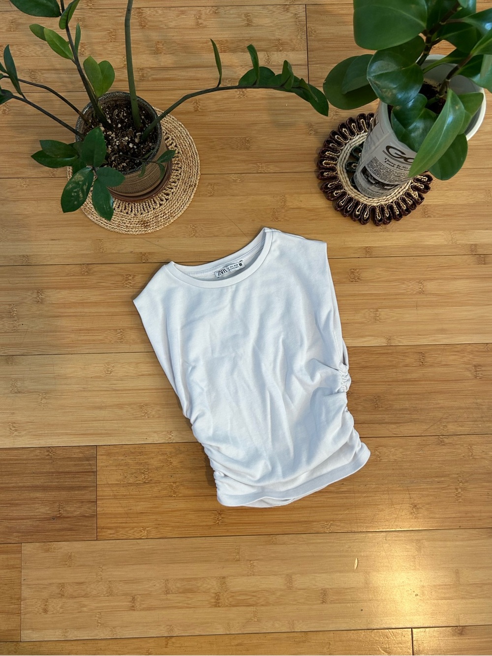 Zara White Ruched Sleeveless Tank Top
